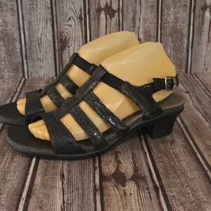 Sz 9 M Womens SAS Allegro Black Croc Patent Leather Comfort Slingback Sandals
